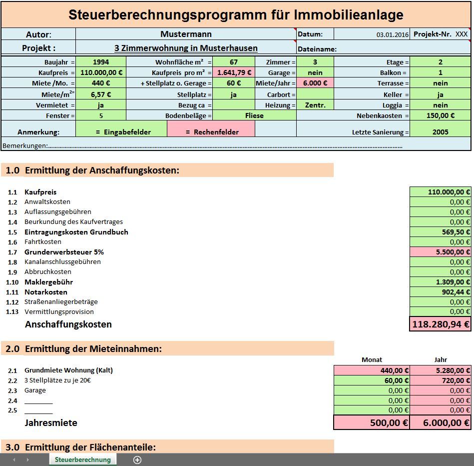 ExcelVorlagenPaket Steuer, Nebenkosten und RenditeBerechnung für